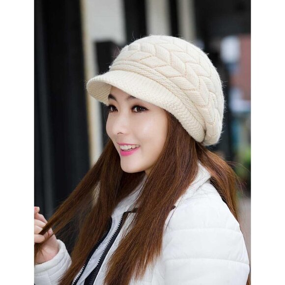 〽️Women’s Beige Winter Warm Knit Wool Snow Ski Hat with Visor
